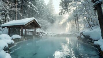 A Tranquil Onsen Surrounded by Snow-Covered Trees in a Misty Forest photo