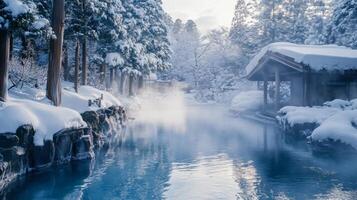 Tranquil Hot Spring Pool Amidst Snowy Forest in Japan photo