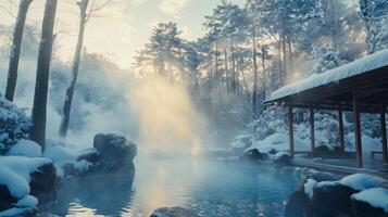 A Natural Hot Spring Surrounded by Snow-Covered Trees and a Wooden Shelter photo