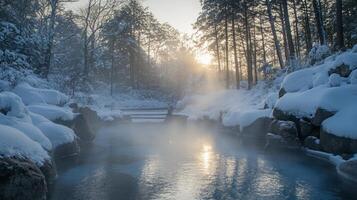 Steam rising from a natural hot spring in a snow-covered forest photo