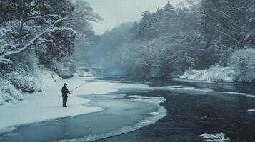 A Solitary Figure Ice Fishing in a Snowy Forest photo