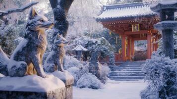 Two Stone Fox Statues in Front of a Snow-Covered Japanese Shrine photo