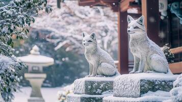 Two Snow-Covered Fox Statues Perched on Stone Pedestals photo