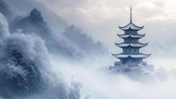 Ancient Chinese Pagoda in a Sea of Fog and Mountains photo