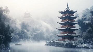 A Traditional Pagoda Amidst a Snowy Foggy Landscape photo