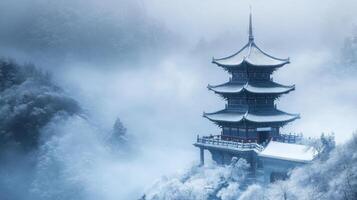 Pagoda in Snowy Mountain Landscape with Fog photo