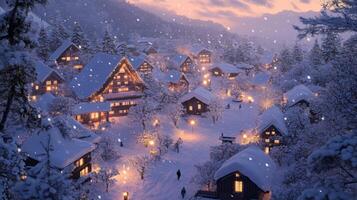 A Snowy Village Illuminated by Warm Lights at Dusk photo