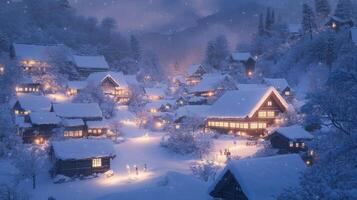 A Winter Village Illuminated by Cozy Lights Under a Snow-Covered Sky photo
