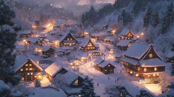 A Snowy Village Illuminated by Warm Lights at Dusk photo