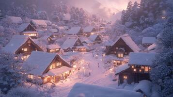 A Snowy Village at Twilight with Illuminated Windows photo