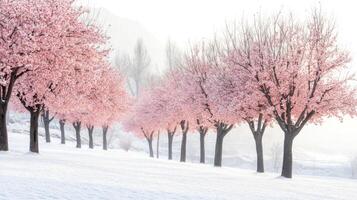 A Row of Pink-Blossomed Trees in a Snowy Landscape photo