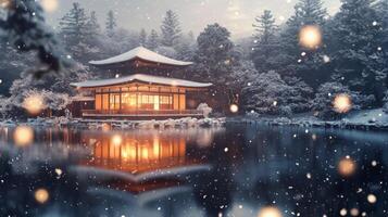 A Snowy Japanese Pavilion Illuminated with Warm Light by a Tranquil Lake photo