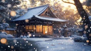 Snow-Covered Japanese Pavilion in a Winter Wonderland photo
