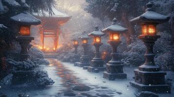 Snowy Pathway with Illuminated Lanterns Leading to a Traditional Japanese Gate photo