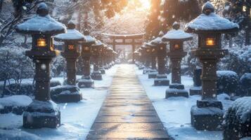 Snow-Covered Pathway with Illuminated Stone Lanterns in a Japanese Garden photo