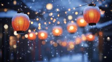 Snow-Covered Lanterns with Blurred Lights in a Winter Scene photo