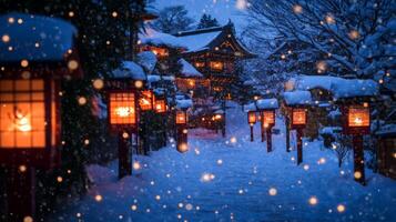 Snowy Pathway with Illuminated Lanterns Leading to a Traditional Japanese House photo