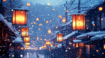 Snowy Japanese Street with Illuminated Lanterns photo