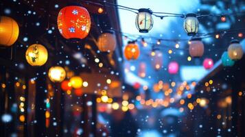 Illuminated Lanterns and Snowflakes in a Festive Atmosphere photo