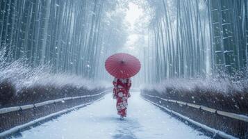 Woman in Red Kimono Walks Through Snowy Bamboo Forest with Red Umbrella photo