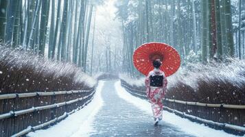 Woman in Kimono Walking Through Snowy Bamboo Forest photo