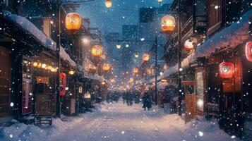 Snowy Night in a Japanese Street with Lanterns photo