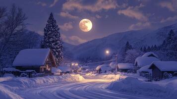 Snow-Covered Village Road under a Full Moon photo