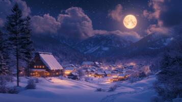 Snow-Covered Village Illuminated by Full Moon and Stars photo