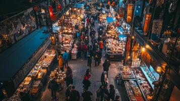 Aerial View of a Crowded Night Market with Stalls and Shoppers photo
