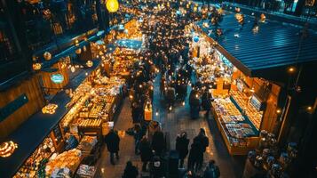 A Night Market Scene with People Walking Through Food Stalls photo
