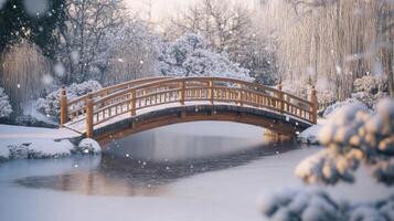 Wooden Bridge Over a Frozen Lake in a Snowy Forest photo