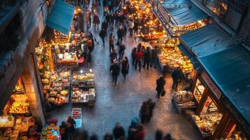 A bustling night market with vibrant food stalls and blurred figures of people walking. photo