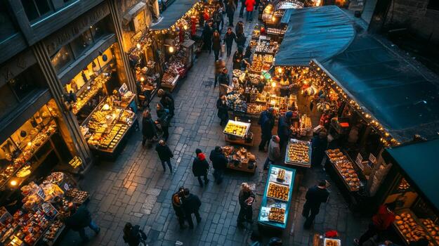 An Overhead View of a Busy Street Market with Vendors and Shoppers photo