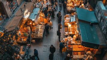 Overhead View of a Busy Market Stall with Various Goods and Shoppers photo