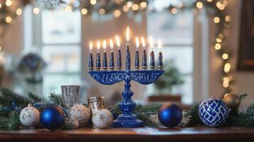 A Menorah With Burning Candles and Christmas Ornaments photo