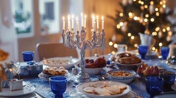 Silver Candelabra with Burning Candles on a Festive Table Setting photo