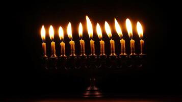 A Menorah with Nine Lit Candles Against a Dark Background photo