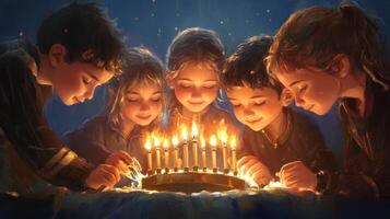 Four Children Blowing Out Candles on a Birthday Cake photo