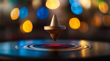 A Spinning Top With A Blurry Background Of Yellow And Blue Lights photo