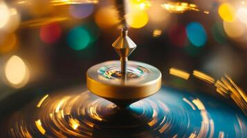 A Spinning Golden Top with Blurred Light Trails and Bokeh Background photo