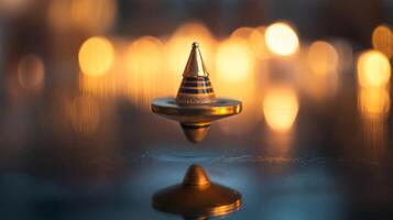 A Spinning Top with a Golden Base and Blue Stripes, Suspended in Mid-Air photo