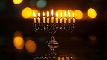 Menorah with nine lit candles on dark background with bokeh lights photo