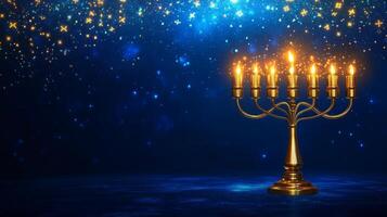 A Golden Menorah with Burning Candles on a Blue Night Sky Background photo