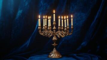 Ornate Golden Candelabra with Lit Candles on Blue Velvet photo