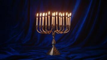 Gold Menorah with Burning Candles on Blue Fabric photo