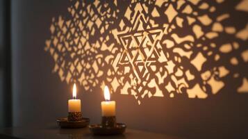 Two Lit Candles Cast Shadows of a Star of David on a Wall photo
