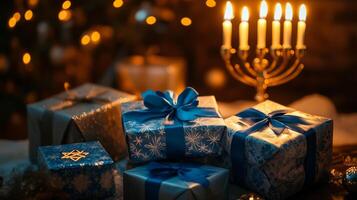 Gifts Wrapped in Blue and Silver with a Burning Menorah in the Background photo
