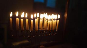 Lit Candles on a Menorah in the Dark photo