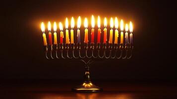 Lit Menorah with Colorful Candles on a Dark Background photo