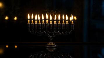 A Silver Menorah with Nine Burning Candles in a Dark Room photo